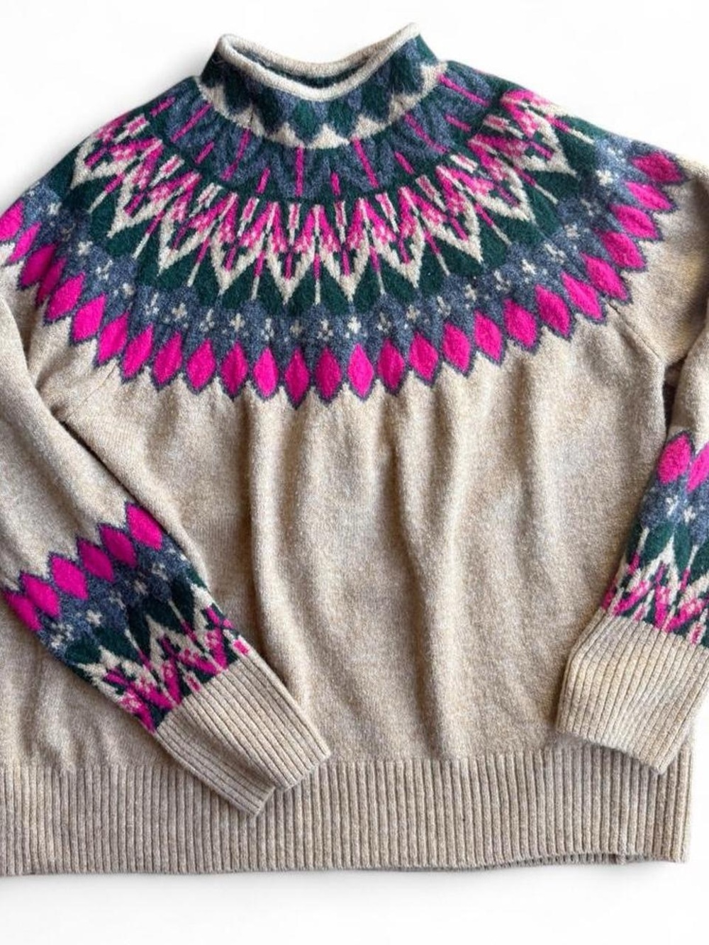 Beige Fair Isle Mockneck Nordic Sweater with Pink & Green Accents